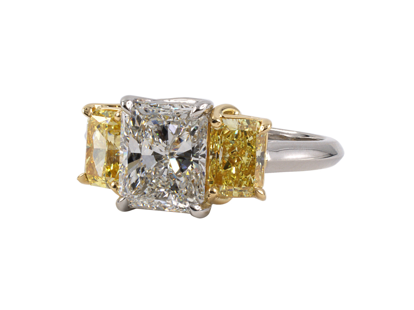 901778 - SOLD - Platinum Gold GIA Yellow Radiant Cut Diamond 3 Stone Ring