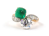 901813 - Victorian Platinum Gold AGL Sugarloaf Emerald GIA Diamond 2 Stone French Ring