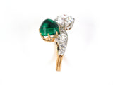 901813 - Victorian Platinum Gold AGL Sugarloaf Emerald GIA Diamond 2 Stone French Ring