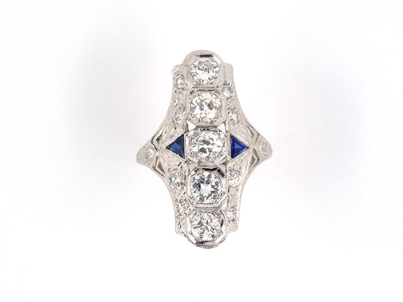 901830 - SOLD - Gold Diamond Synthetic Sapphire Carved 5 Stone Dinner Ring