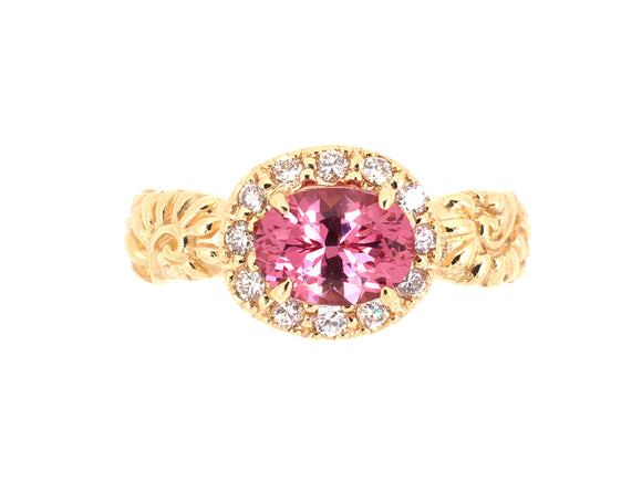 901845 - SOLD - Gold Pink Spinel Diamond Cluster Carved Ring