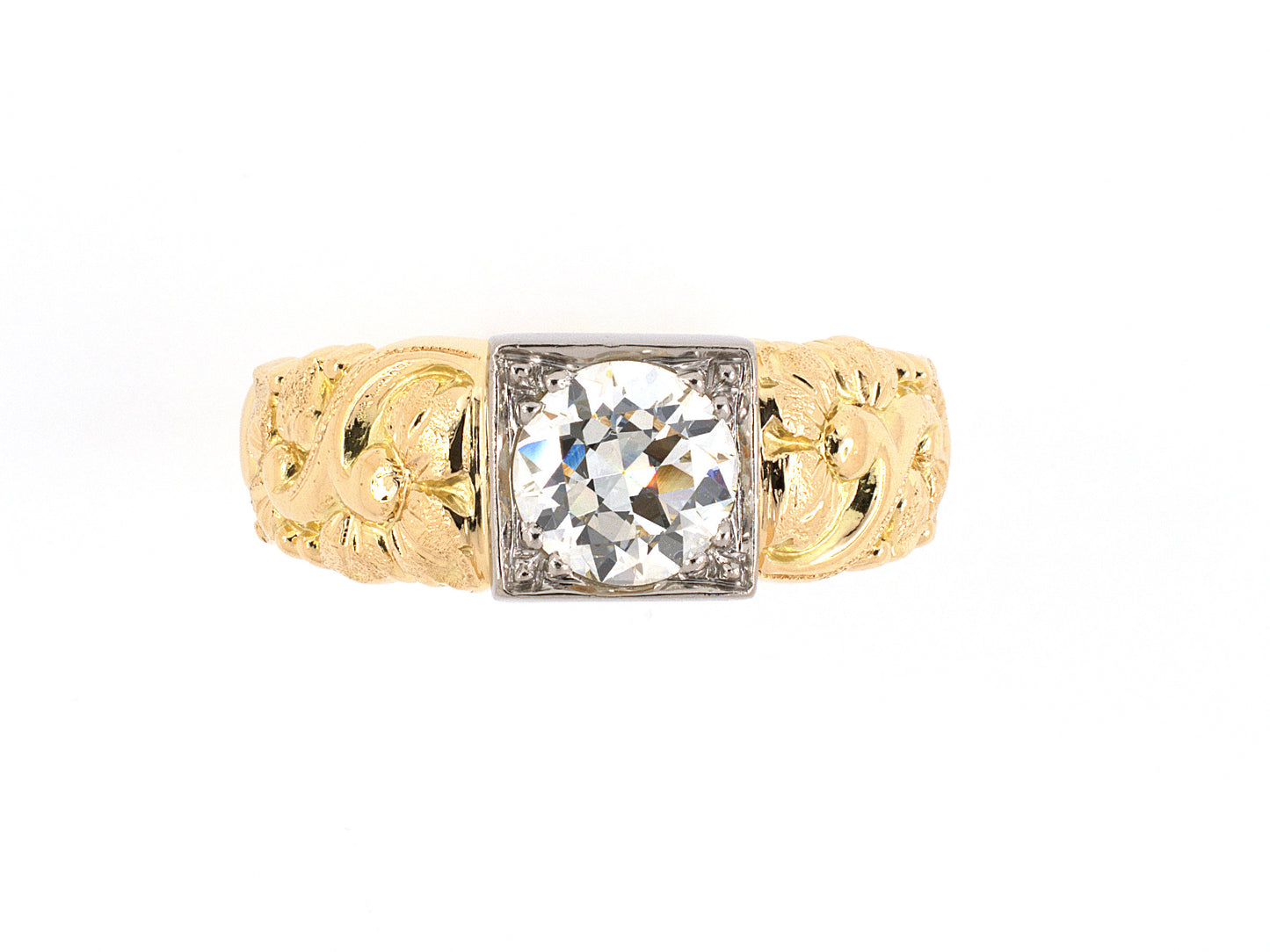901871 - SOLD - Jabel Gold Diamond Solitaire Carved Gents Ring