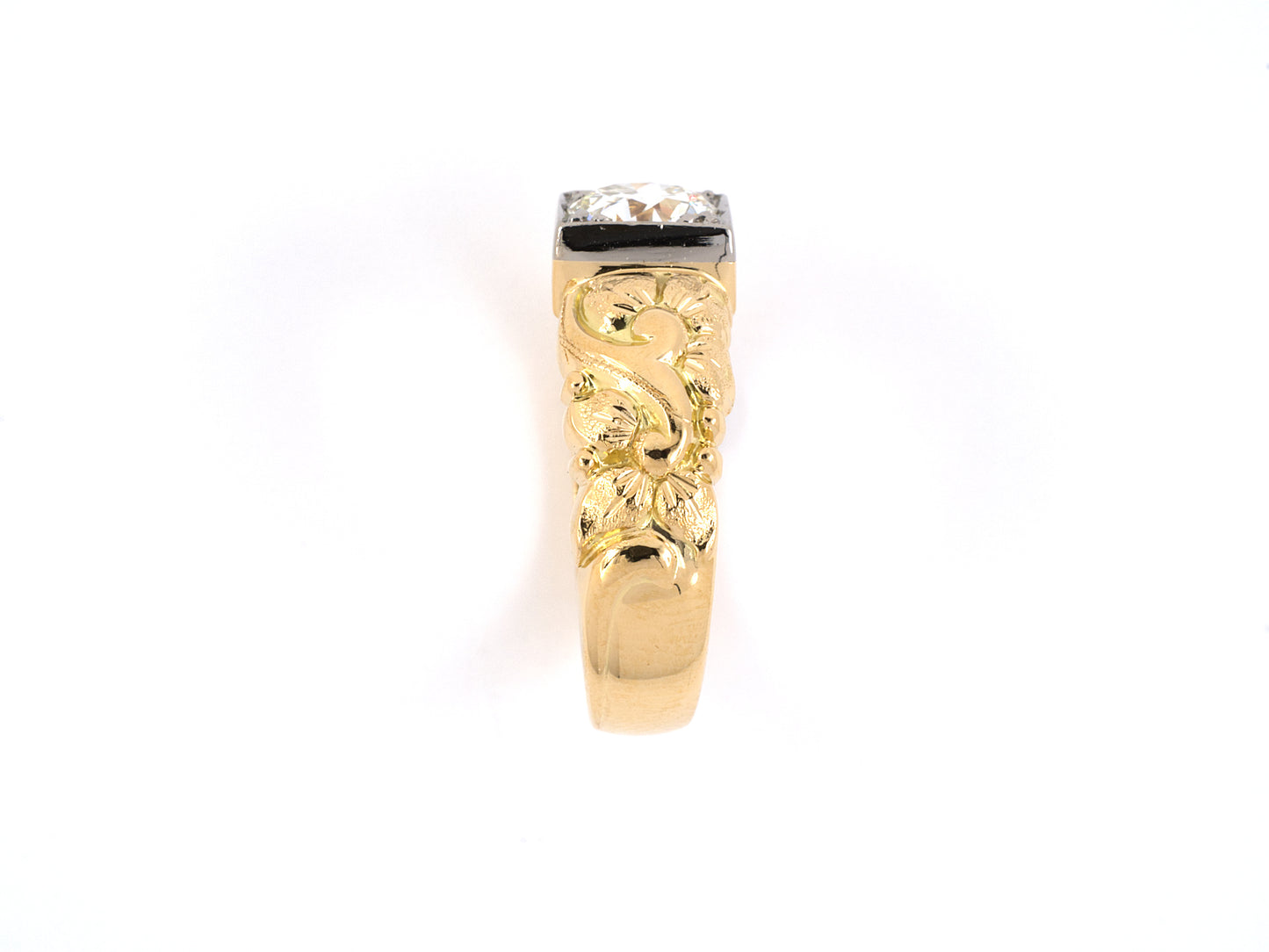 901871 - SOLD - Jabel Gold Diamond Solitaire Carved Gents Ring