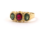 901889 - SOLD - Circa 1944 Gold Diamond Spinel Green Sapphire English 3-Stone Ring