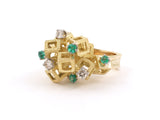 901902 - SOLD - Circa 1960'S Gold Silver Emerald Diamond Geometric Cluster Ring