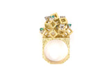 901902 - SOLD - Circa 1960'S Gold Silver Emerald Diamond Geometric Cluster Ring