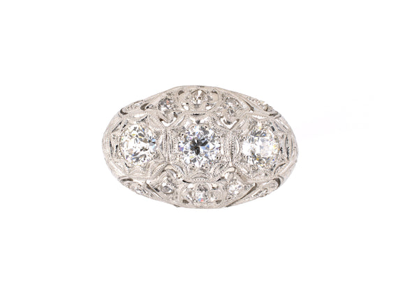 901935 - SOLD - Art Deco Platinum Diamond Domed Carved 3 Stone Princess Ring