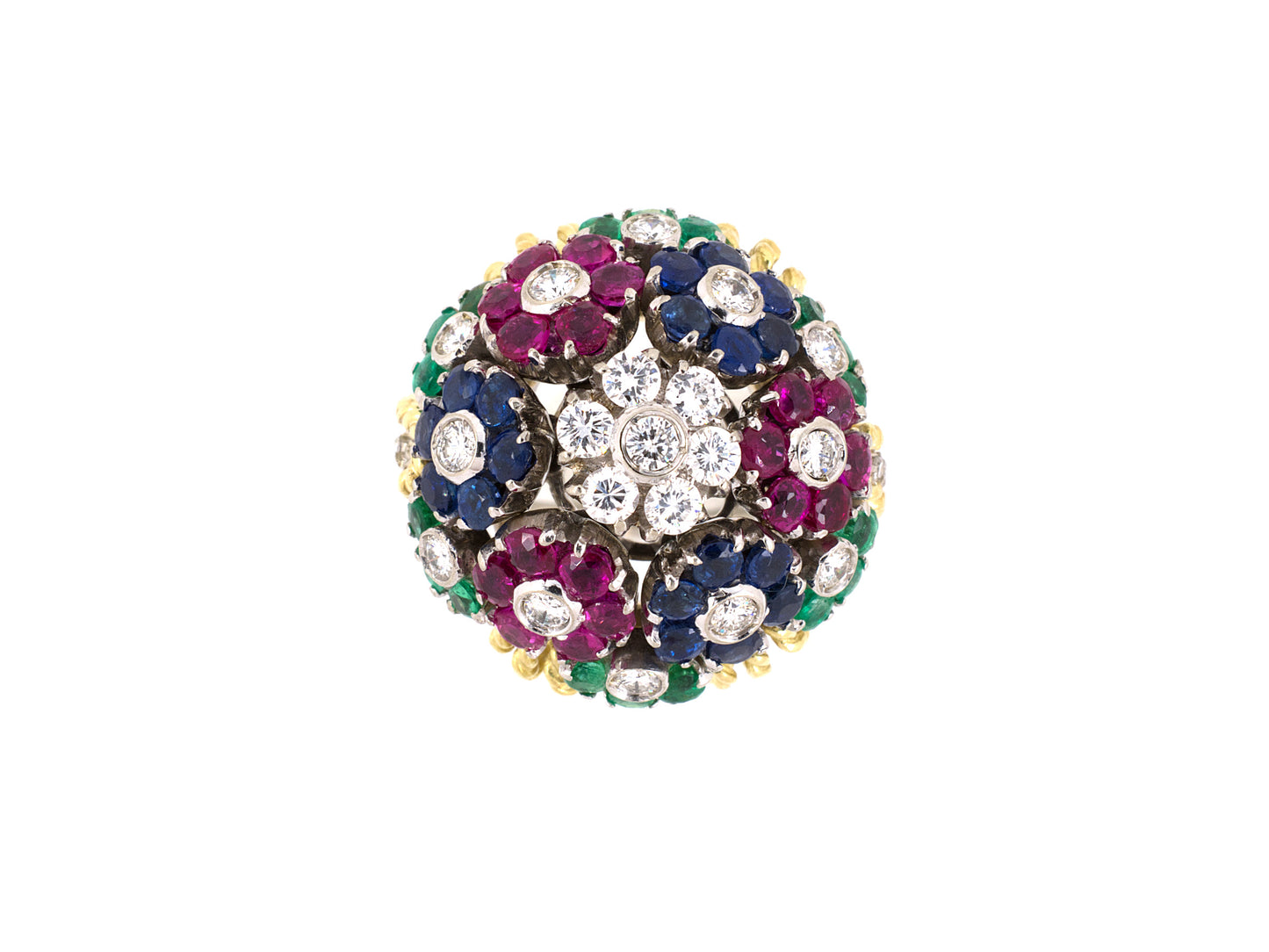 901944 - SOLD - Italy Gold Diamond Ruby Emerald Domed Floral Design Ring