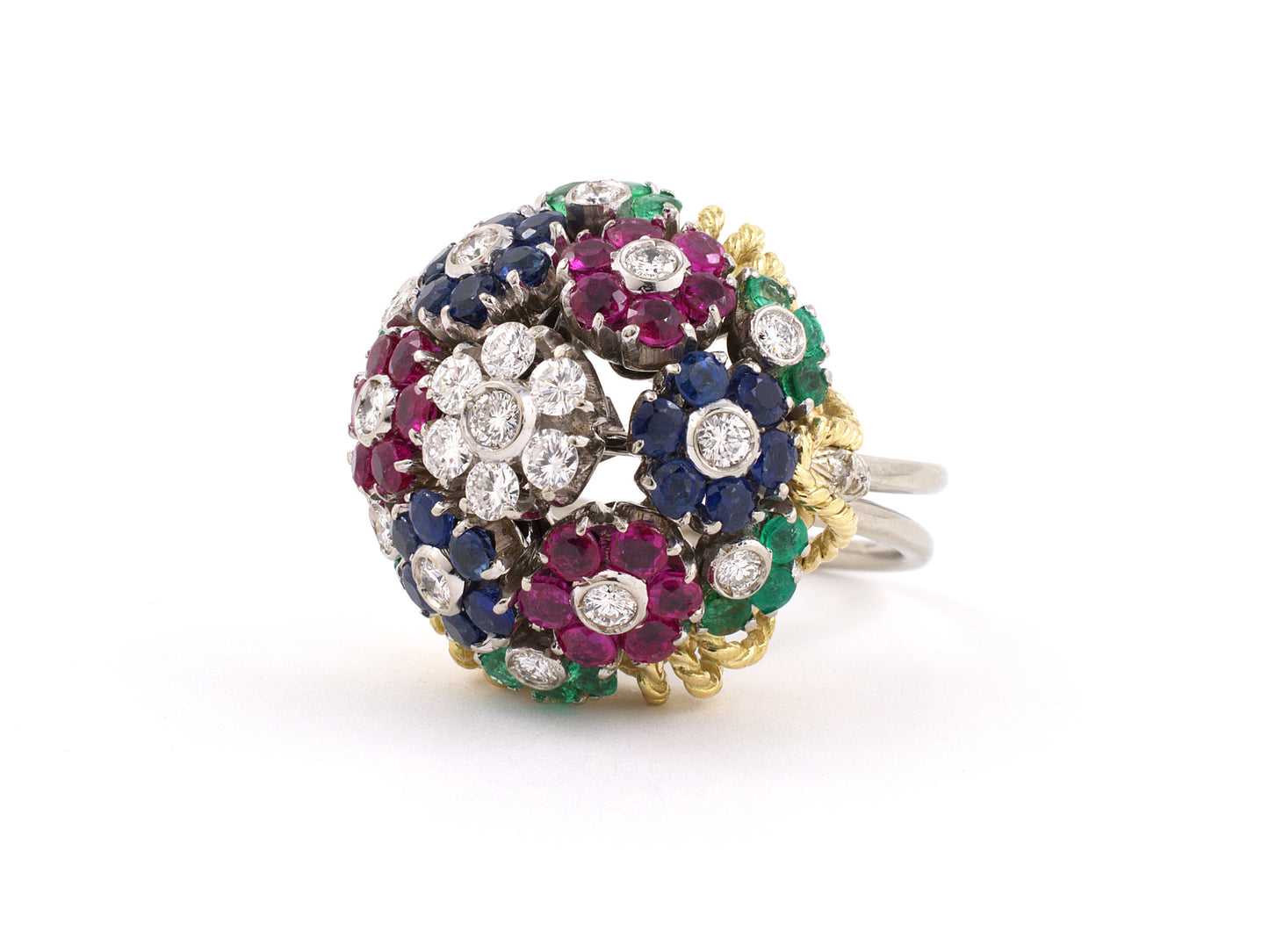 901944 - SOLD - Italy Gold Diamond Ruby Emerald Domed Floral Design Ring
