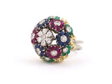 901944 - Italy Gold Diamond Ruby Emerald Domed Floral Design Ring