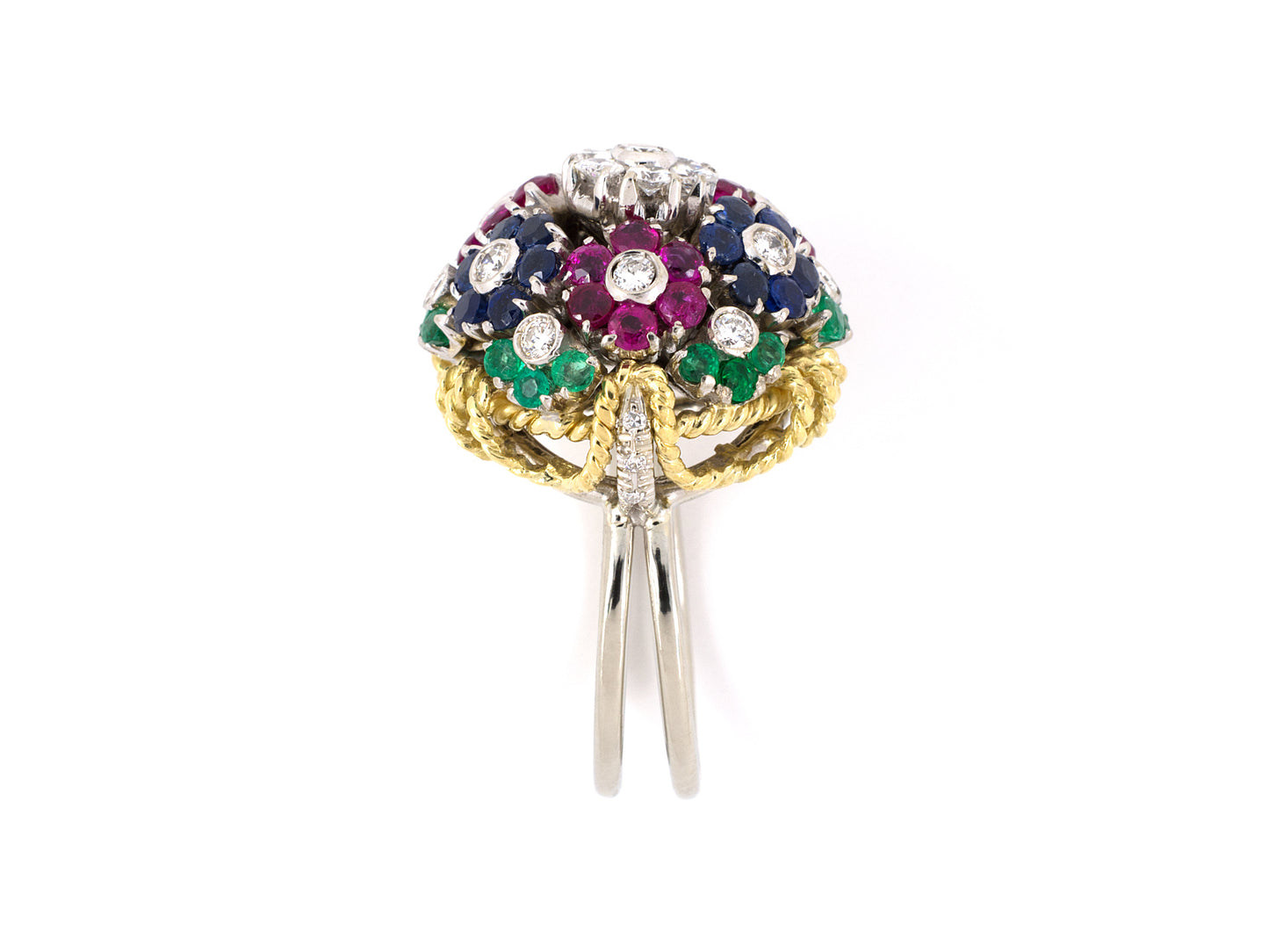 901944 - SOLD - Italy Gold Diamond Ruby Emerald Domed Floral Design Ring