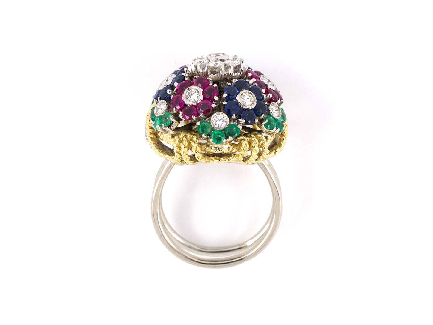 901944 - SOLD - Italy Gold Diamond Ruby Emerald Domed Floral Design Ring