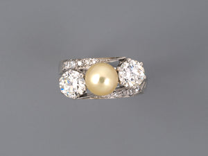 901953 - SOLD - Circa 1950s Netherlands Gold Platinum GIA Natural Pearl Diamond 3-Stone By Pass Ring