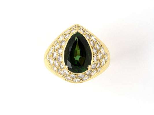901955 - Gold Pave Diamond Pear Shape Green Tourmaline Ring
