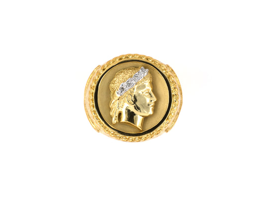901969 - SOLD - Circa 1950s Gold Diamond Carved Greek Roman God Ring