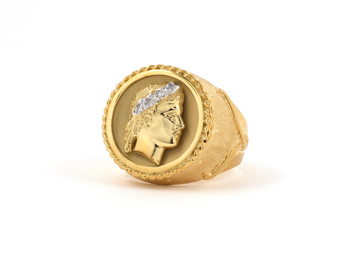 901969 - SOLD - Circa 1950s Gold Diamond Carved Greek Roman God Ring