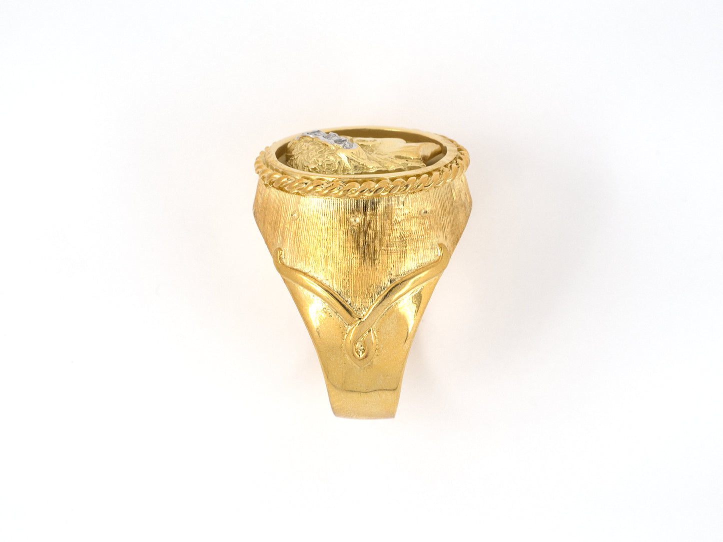 901969 - SOLD - Circa 1950s Gold Diamond Carved Greek Roman God Ring