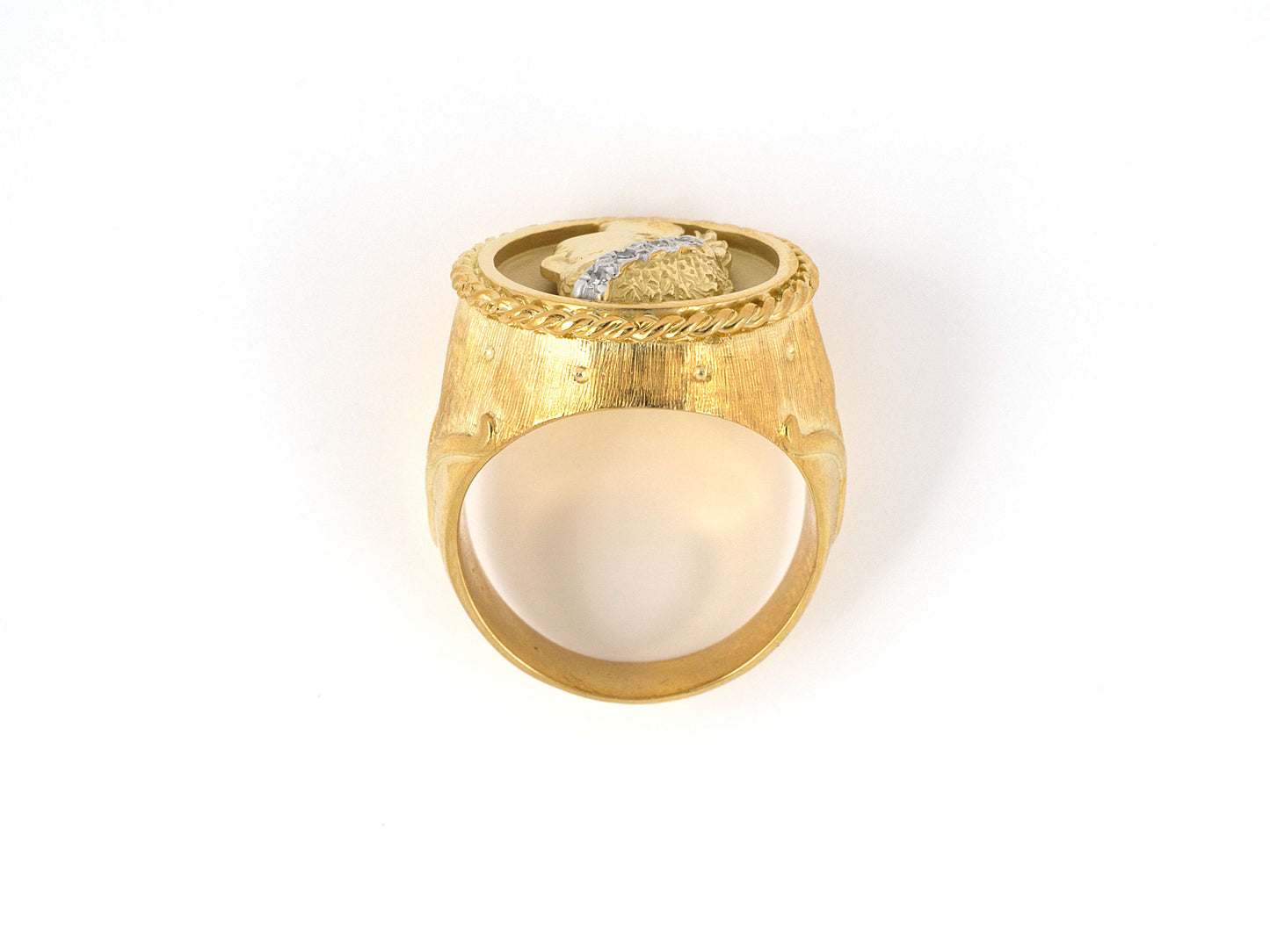 901969 - SOLD - Circa 1950s Gold Diamond Carved Greek Roman God Ring