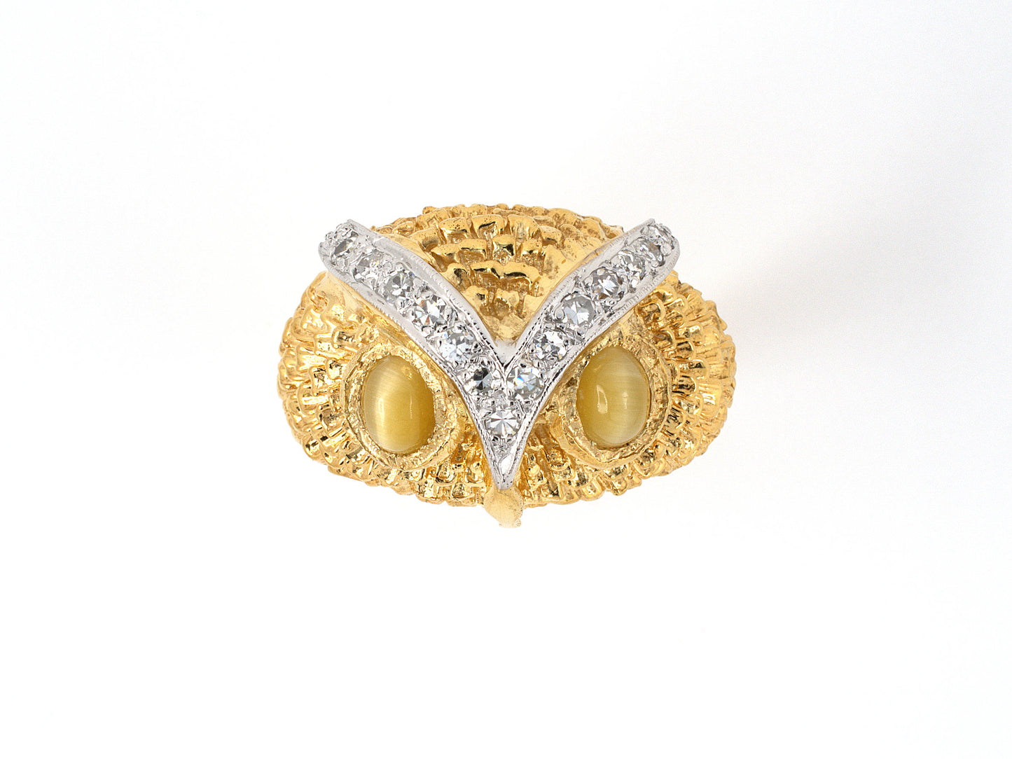 901973 - SOLD - Gold Diamond Quartz Cat's Eye Carved Owl Gents Ring