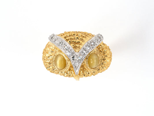 901973 - SOLD - Gold Diamond Quartz Cat's Eye Carved Owl Gents Ring