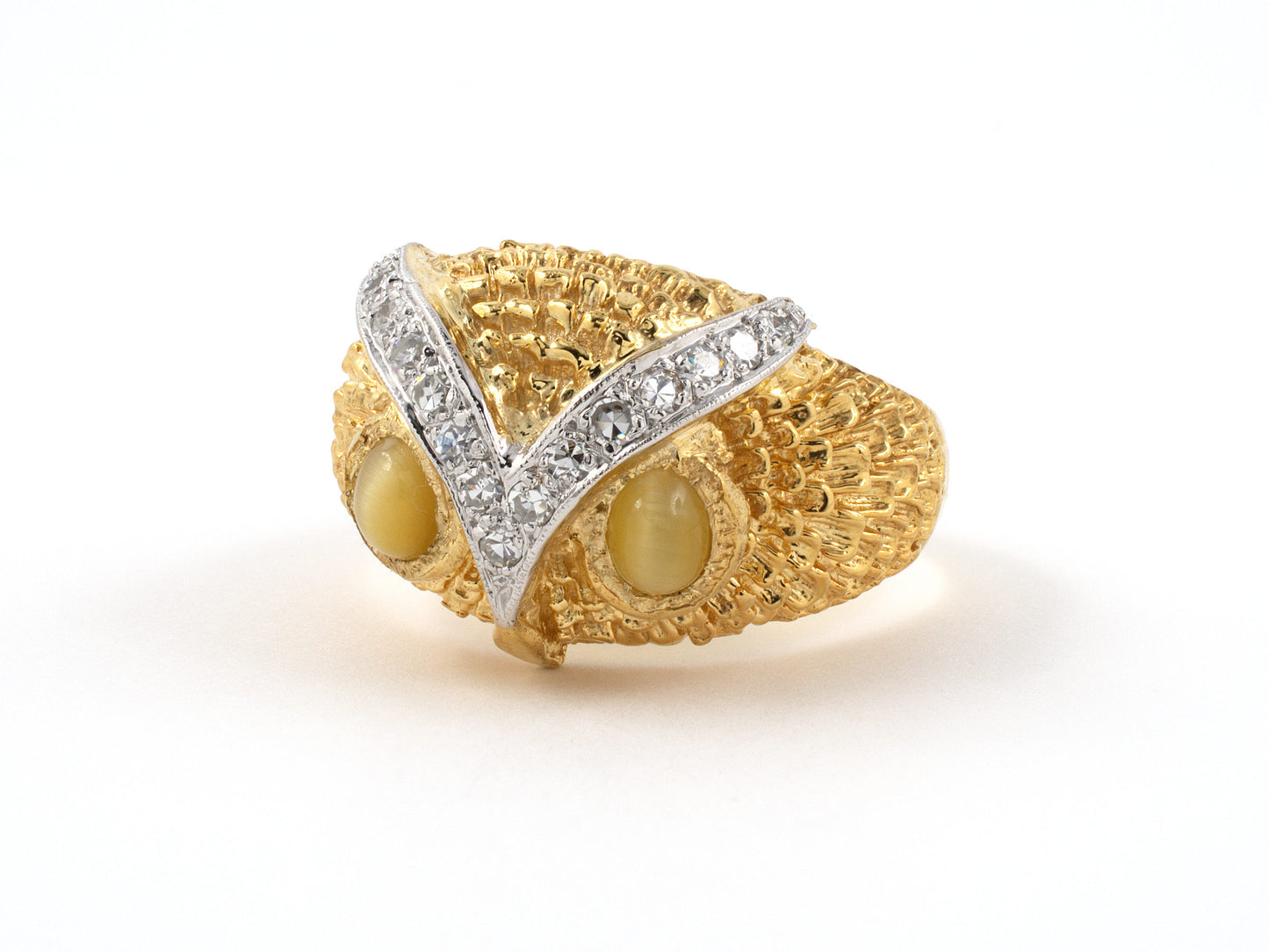901973 - SOLD - Gold Diamond Quartz Cat's Eye Carved Owl Gents Ring
