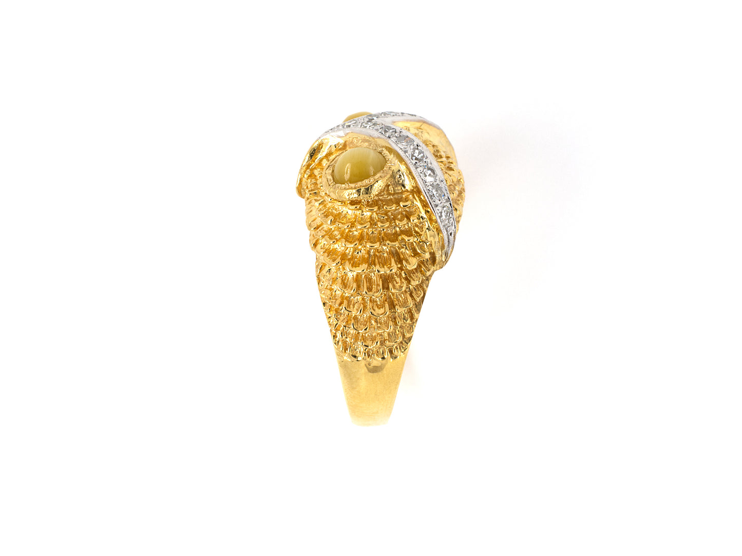 901973 - SOLD - Gold Diamond Quartz Cat's Eye Carved Owl Gents Ring