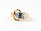 901982 - SOLD - Retro Gold Palladium Diamond Sapphire Buckle Design Ring