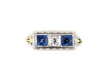 901983 - SOLD - Edwardian Gold Platinum Diamond Sapphire Engraved 3-Stone Ring