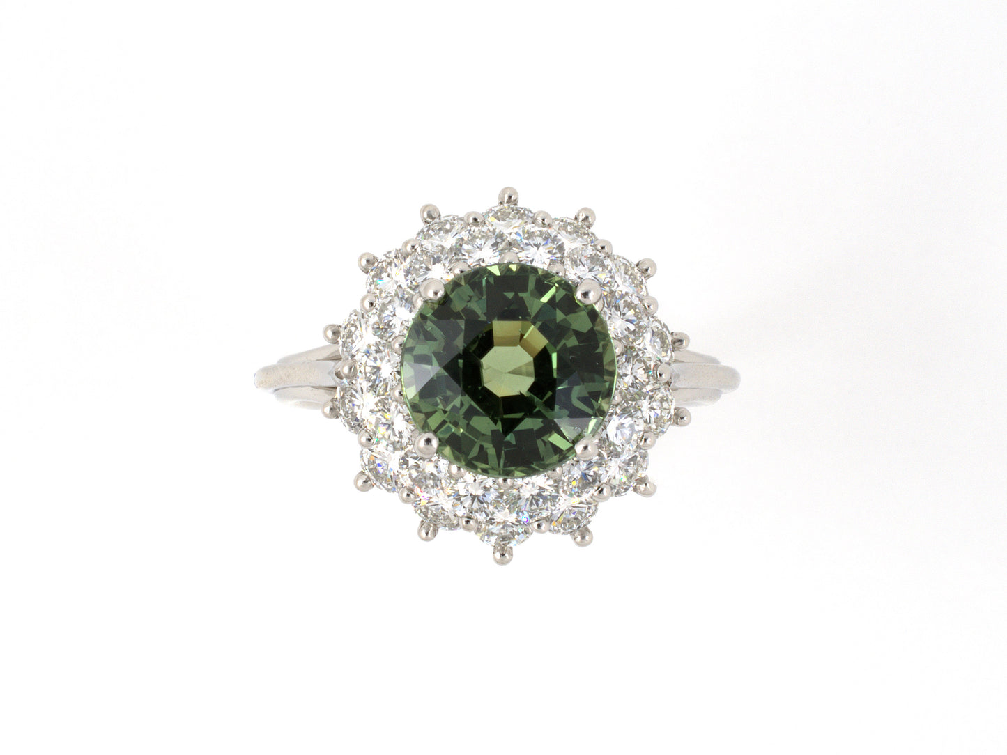 901999 - Platinum AGL Bluish Green Sapphire Diamond Cluster Ring