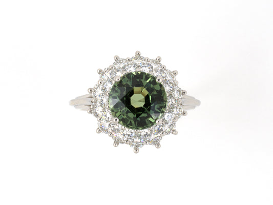 901999 - Platinum AGL Bluish Green Sapphire Diamond Cluster Ring
