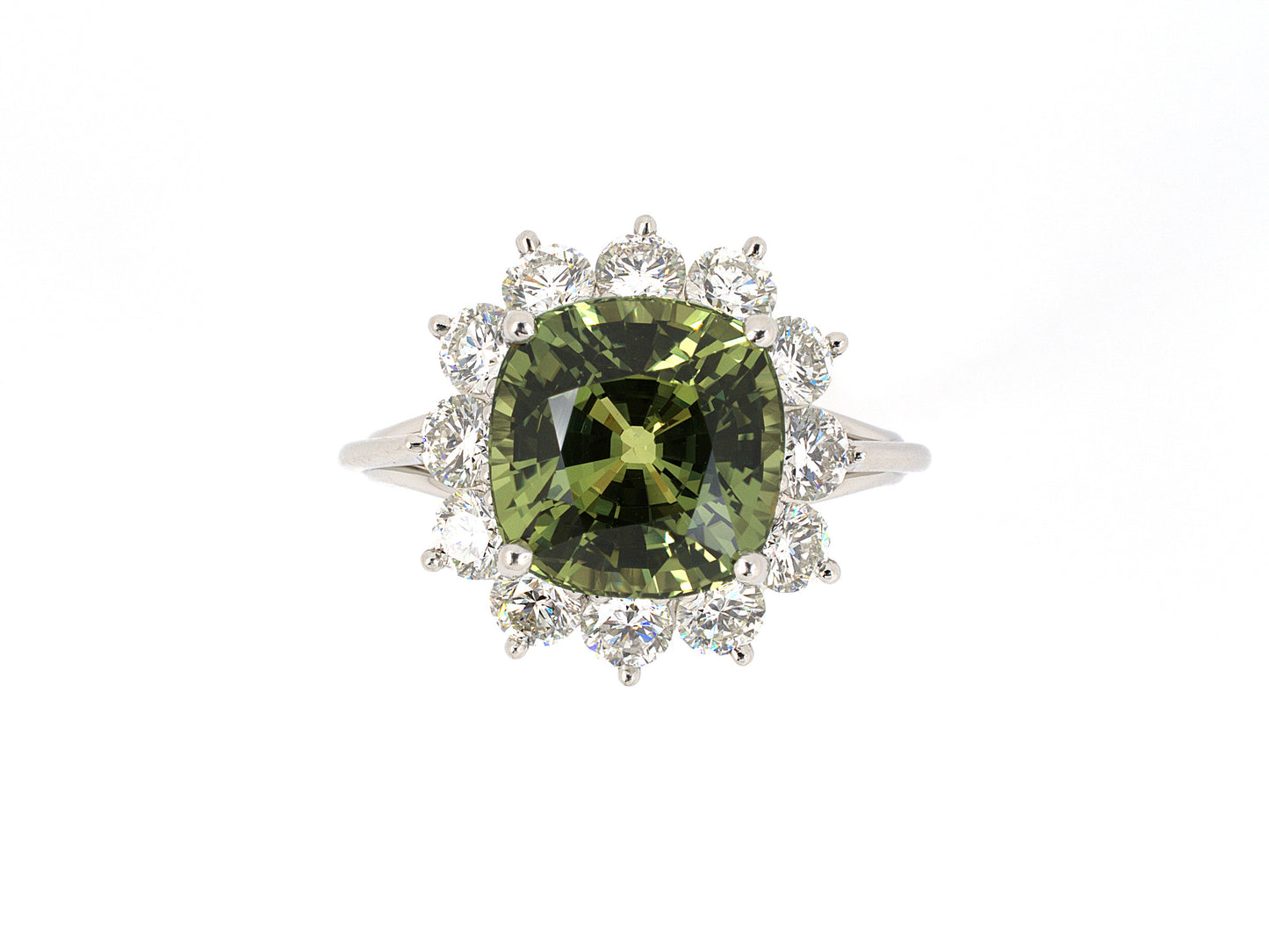 902000 - SOLD - Platinum Gold AGL Yellow Green Sapphire Diamond Cushion Ring