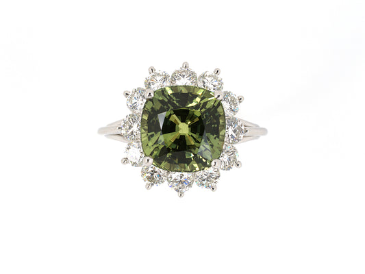 902000 - SOLD - Platinum Gold AGL Yellow Green Sapphire Diamond Cushion Ring