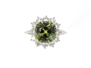 902000 - Platinum Gold AGL Yellow Green Sapphire Diamond Cushion Ring