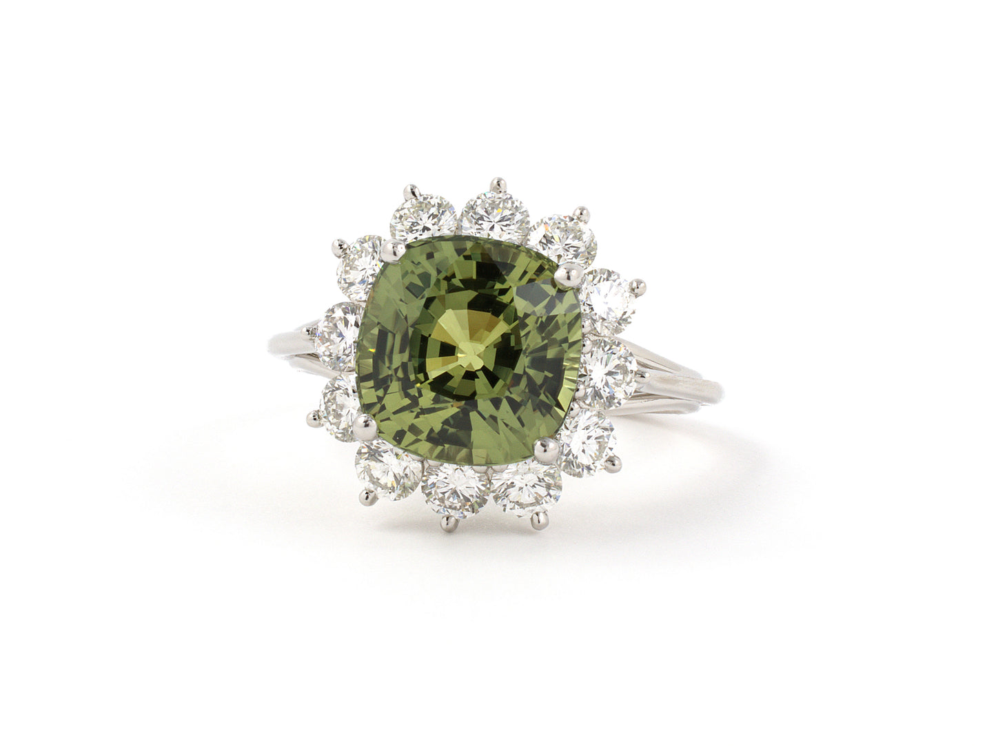 902000 - SOLD - Platinum Gold AGL Yellow Green Sapphire Diamond Cushion Ring