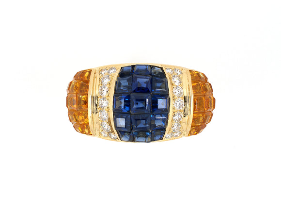 902010 - Gold Diamond Yellow Sapphire Blue Sapphire Cocktail Wedding-Band Ring