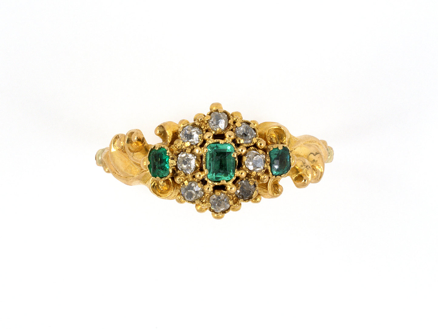 902013 - SOLD - Circa 1820 Georgian Gold Emerald Diamond Cluster Center 3-Stone Carved Shoulder Ring