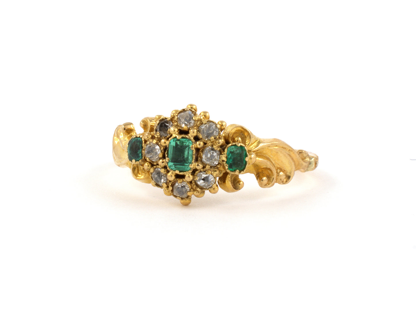 902013 - SOLD - Circa 1820 Georgian Gold Emerald Diamond Cluster Center 3-Stone Carved Shoulder Ring