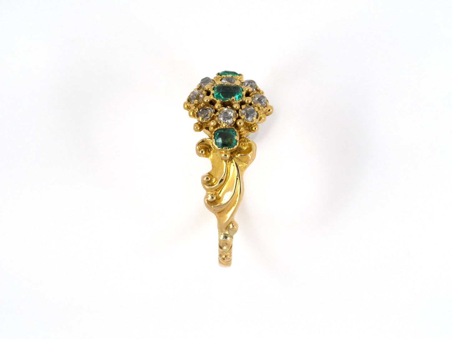 902013 - SOLD - Circa 1820 Georgian Gold Emerald Diamond Cluster Center 3-Stone Carved Shoulder Ring