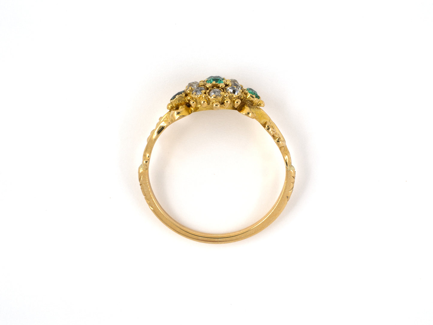 902013 - SOLD - Circa 1820 Georgian Gold Emerald Diamond Cluster Center 3-Stone Carved Shoulder Ring