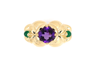902019 - Gold Amethyst Cabochon Emerald Floral Ring