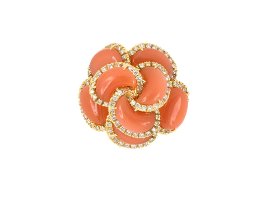 902033 - SOLD - Italy Gold Diamond Border Carnelian Cluster Tiered Domed Ring