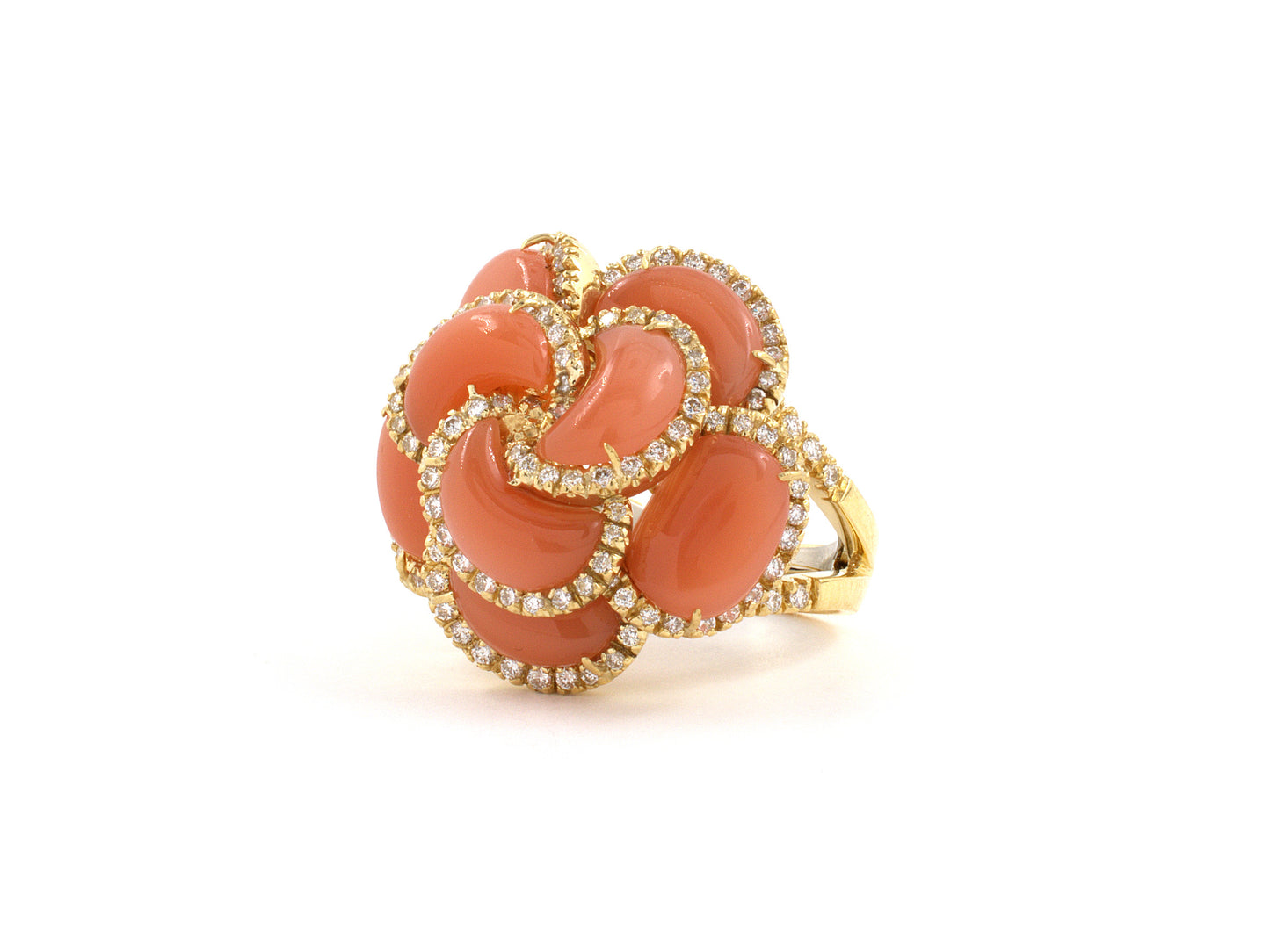 902033 - SOLD - Italy Gold Diamond Border Carnelian Cluster Tiered Domed Ring