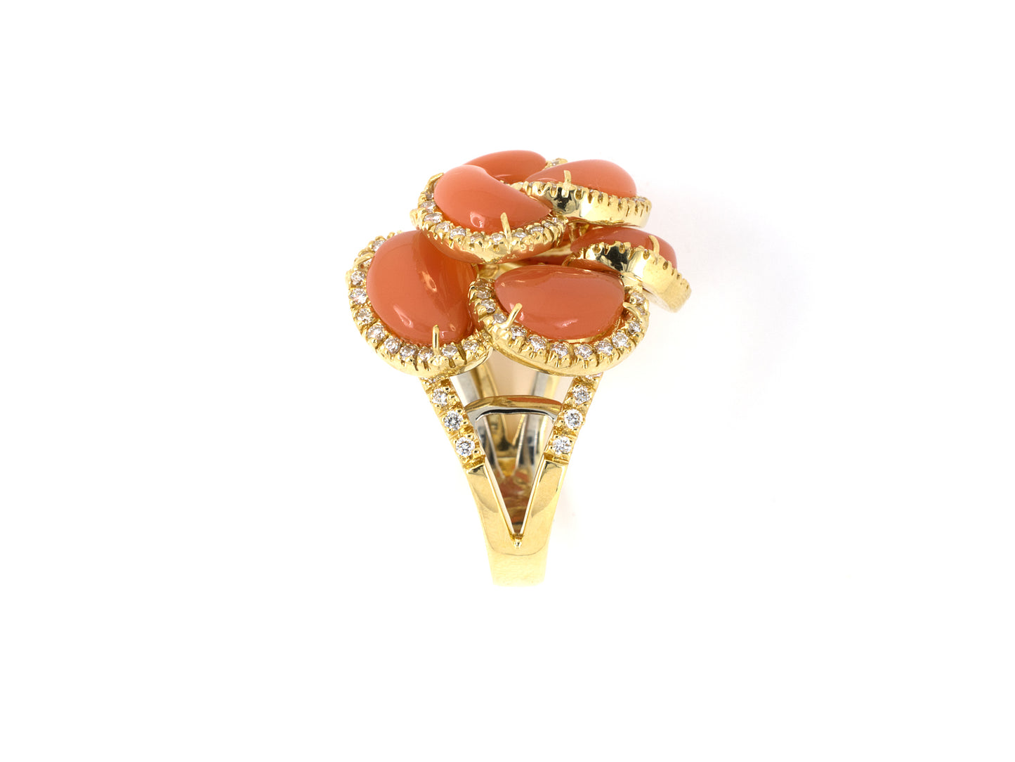 902033 - SOLD - Italy Gold Diamond Border Carnelian Cluster Tiered Domed Ring