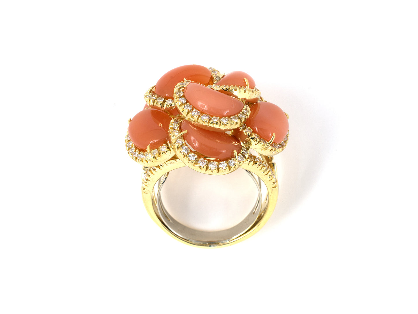 902033 - SOLD - Italy Gold Diamond Border Carnelian Cluster Tiered Domed Ring
