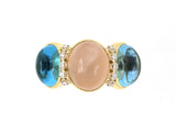 902034 - R.F.M.A.S. Gold Cabochon Pink Quartz Blue Topaz Diamond 3 Stone Ring