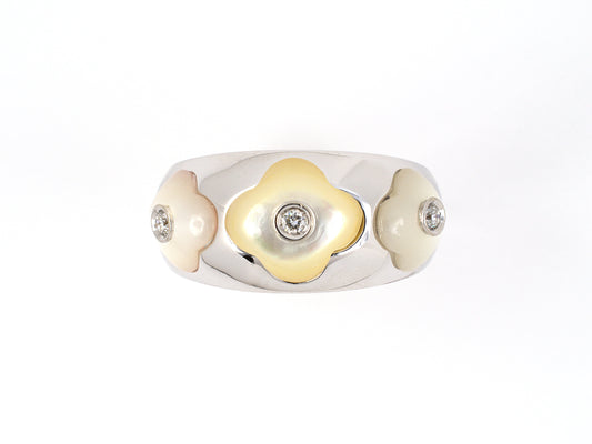 902038 - SOLD - Italy Gold Diamond Cabochon Mother Of Pearl Floral Band Ring