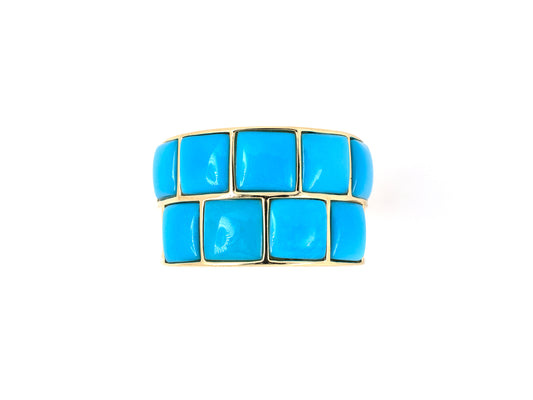 902039 - SOLD - Gold Square Cabochon Turquoise 2-Row Band Ring