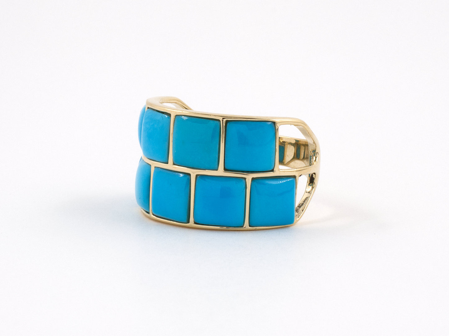 902039 - SOLD - Gold Square Cabochon Turquoise 2-Row Band Ring