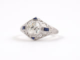 902041 - Art Deco Gold Diamond Synthetic Sapphire Stamped Filigree Engagement Ring