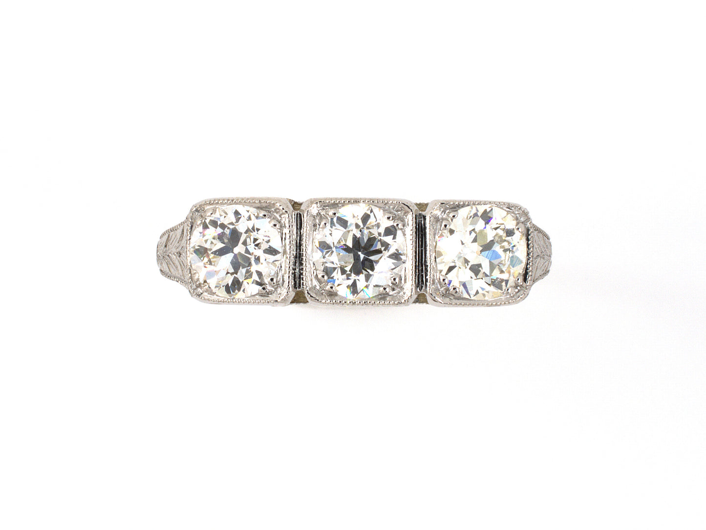 902045 - SOLD - Edwardian Platinum Gold Diamond Chased 3-Stone Ring